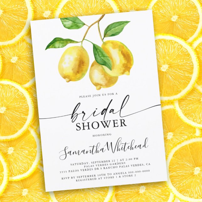 Citrongul akvarell bröllopsdusch-inbjudan inbjudningar (Lemon citrus watercolor bridal shower invitation. This card is perfect for the summer bride to be.)