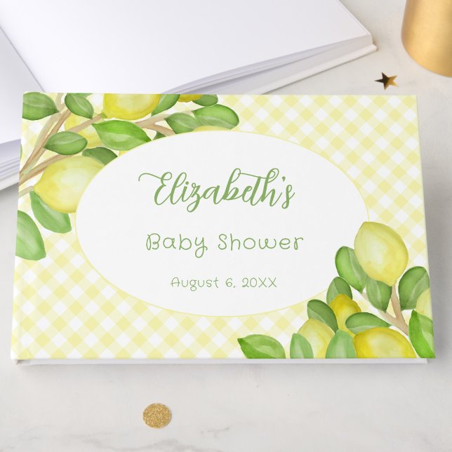 Citrongul Gingham Besöksbok för Baby Shower Gästböcker (Skapare uppladdad)