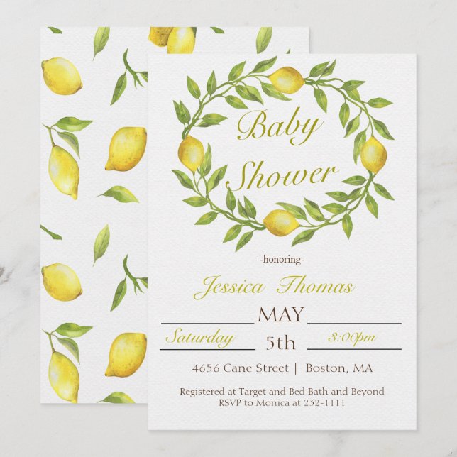 Citronkrans Baby Shower Inbjudningar (Fram/baksida)