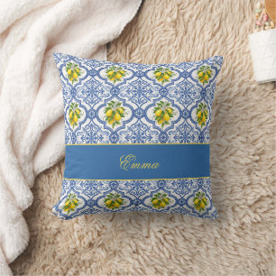 Citronmonogram Namn Fransk Landsbygd Kakel Mönster Kudde