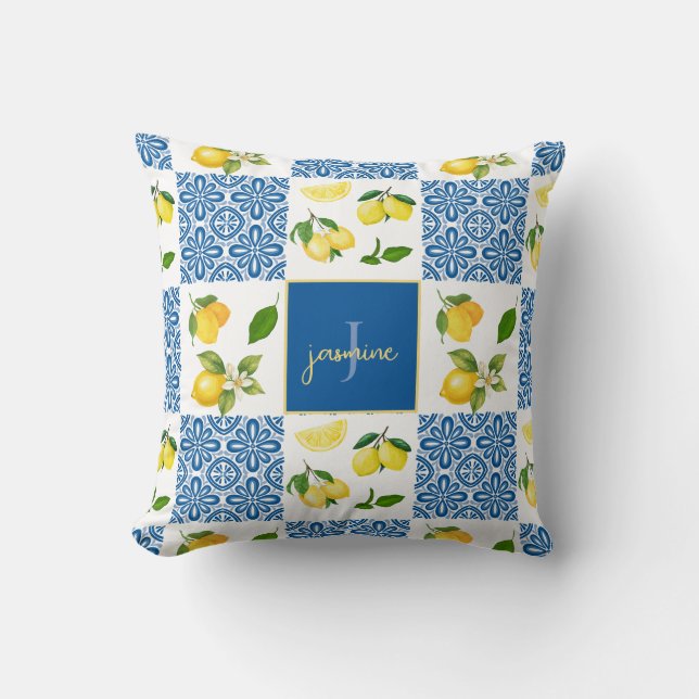 Citronmonogram Namn Fransk Landsbygd Kakel Mönster Kudde (Framsida)