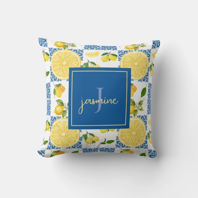 Citronmonogram Namn Fransk Landsbygd Kakel Mönster Kudde (Framsida)