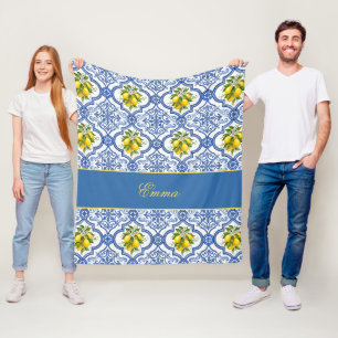 Citronmonogram Namn Fransk Landsbygd Kakelmönster Fleecefilt