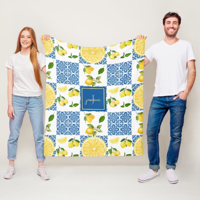 Citronmonogramnamn fransk lanstil kakel mönster fleecefilt (På plats)