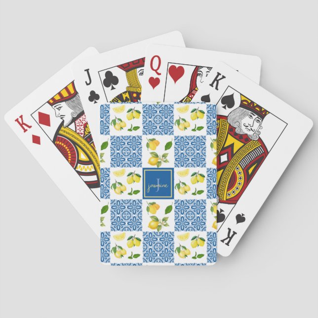 Citronmonogramnamn fransk lanträdgårdsplattformsde casinokort (Baksidan)