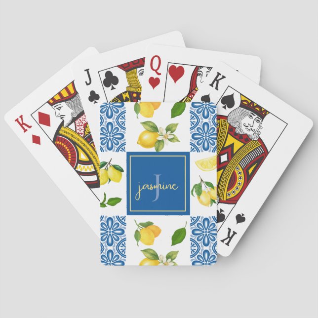 Citronmonogramnamn fransk lanträdgårdsplattformsde casinokort (Baksidan)