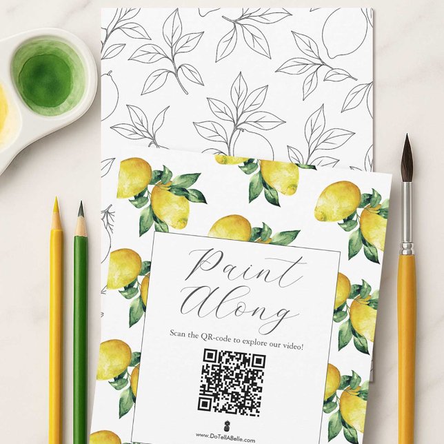 Citronmönsterkonturer Inbjudningar (lemon outlines for adult coloring or paint and sip party with QR code to how to video)