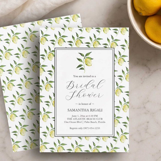 Citronmönstrade bröllopsdusch-inbjudningar inbjudningar (Lemon bridal shower invitations designed with hand painted art by Florida watercolor artist Victoria)