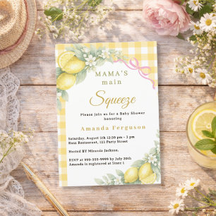 Citronrutigt kläm rosa rosett flicka Baby Shower Inbjudningar