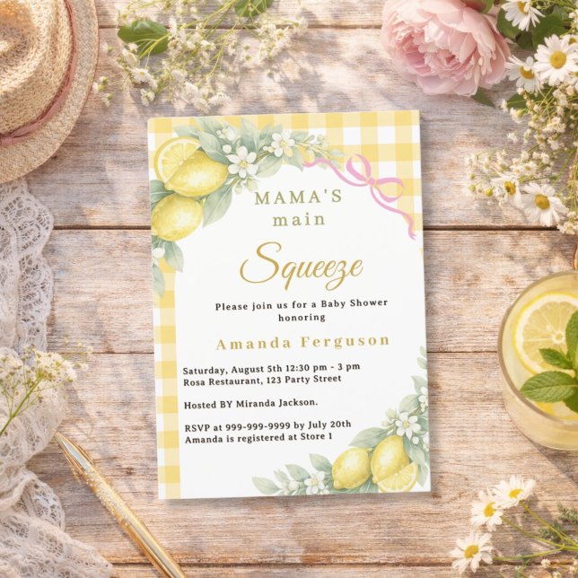 Citronrutigt kläm rosa rosett flicka Baby Shower Inbjudningar (Skapare uppladdad)