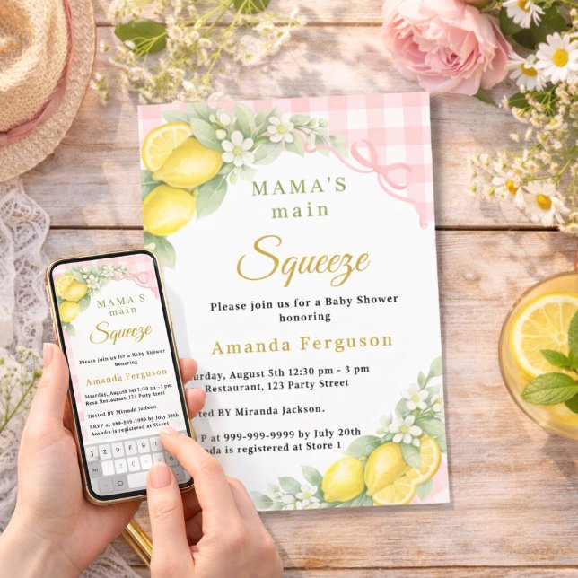 Citronrutigt kläm rosa rosett flicka Baby Shower Inbjudningar (Skapare uppladdad)