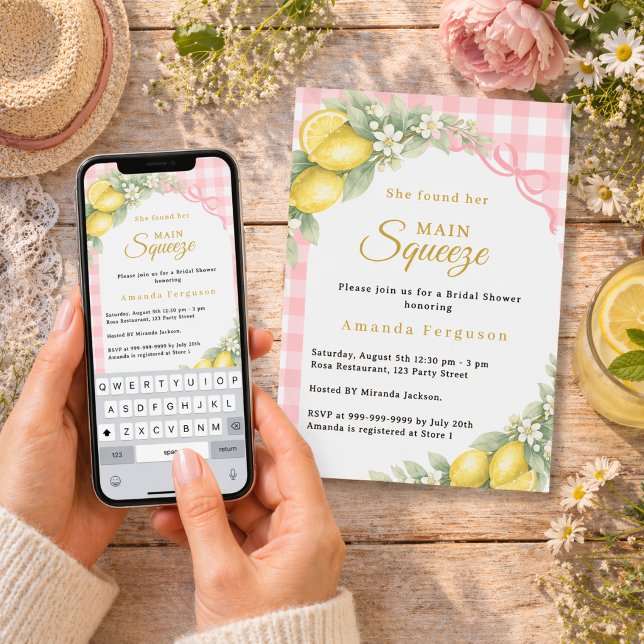 Citronrutigt rosa älskling båge Bröllopsdusch Inbjudningar (Skapare uppladdad)