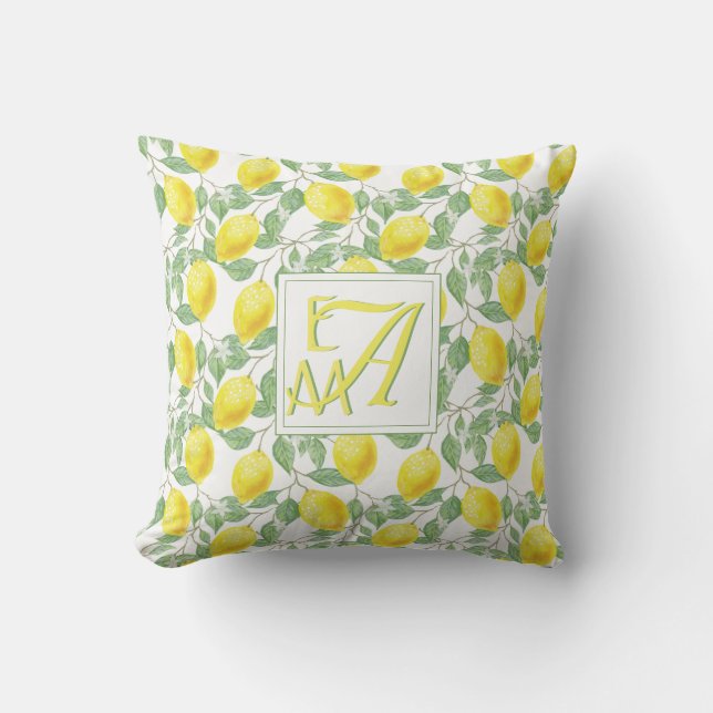 Citronträd Monogrammönster Gult Grönt Dekor Kudde (Framsida)