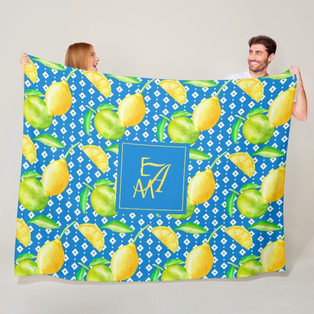 Citronträd Ocean Blå MONOGRAM Nygifta Bröllop Fleecefilt (På plats)