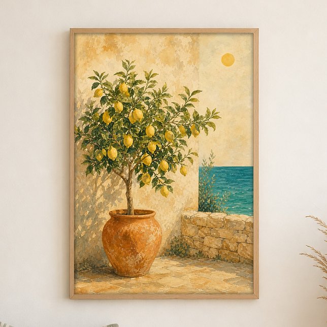 Citronträd vid havet Akvarell Kustmotiv Affisch (Shown framed for scale. Poster ships unframed; frames are an optional add-on.)