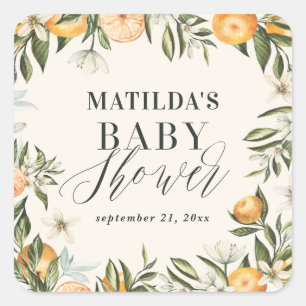 Citrus, apelsin + blommande baby shower-partygåva fyrkantigt klistermärke