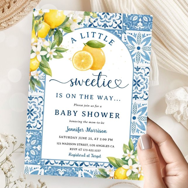 Citrus Baby Shower Blue Tiles i Lemon Mediterranea Inbjudningar (Skapare uppladdad)