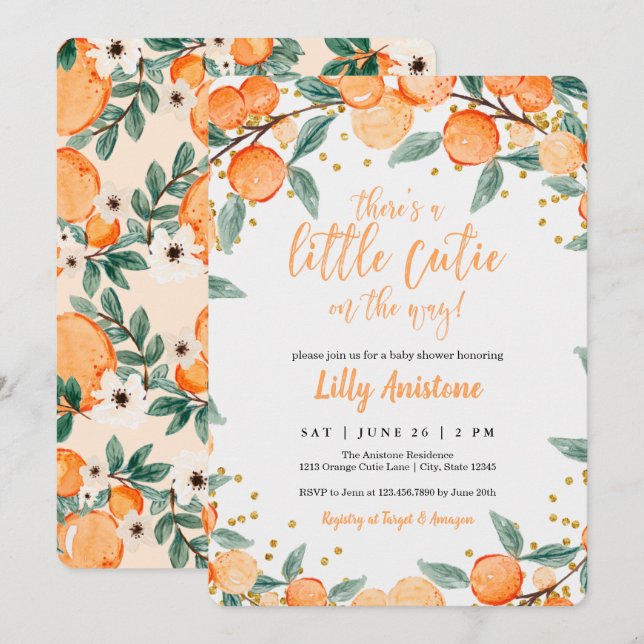 Citrus Baby Shower Botanical Orange Little Cutie Inbjudningar (Fram/baksida)