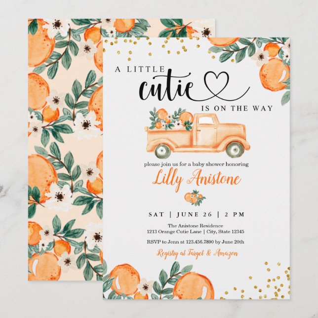 Citrus Baby Shower Botanical Orange Little Cutie Inbjudningar (Fram/baksida)