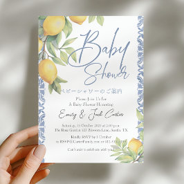 Citrus Baby Shower Lemon Mediterranean Blue Tile Inbjudningar