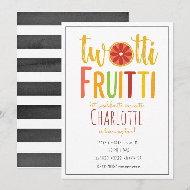 Citrus Birthday, Fruitti Watercolor Rand Inbjudningar (Fram/baksida)