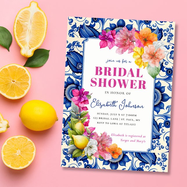 Citrus Blommig Blå Kakel Bröllopsdusch Inbjudningar (Citrus Floral Blue Tile Bridal Shower Invitation)