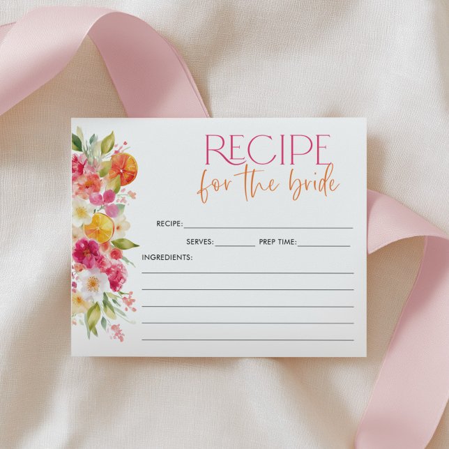 Citrus Blommig Bröllopsfest Receptkort (Bright Floral Citrus Recipe Card for the Bride )