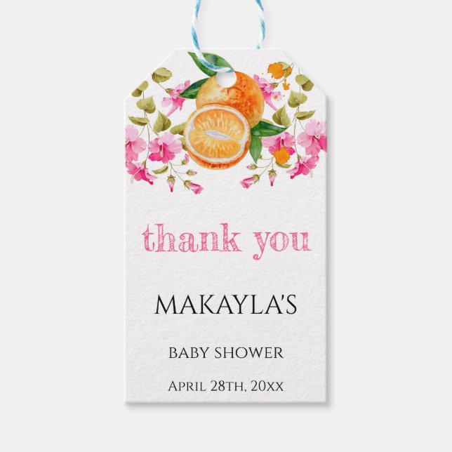 Citrus Blommig Rosa Tjej liten Babyfirande Presentetikett (Framsidan)