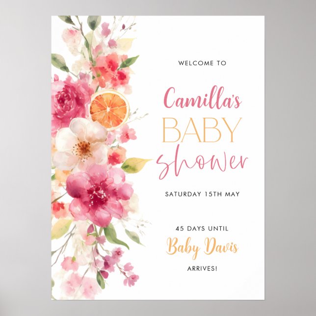 Citrus Blommigt Baby Shower Välkomstskylt Poster (Framsidan)