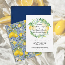 Citrus Blommigt Blue Tile Watercolor Bröllop Inbjudningar