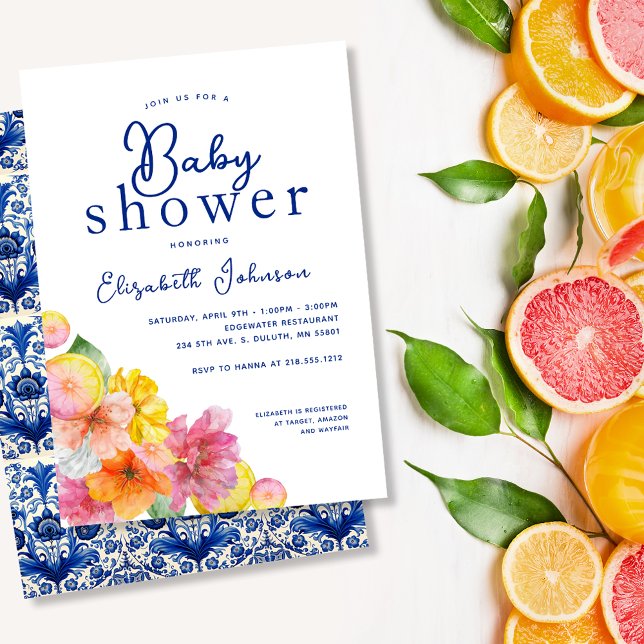 Citrus Blommigt Lemon Blue Tile Baby Shower Inbjudningar (Citrus Floral Lemon Blue Tile Baby Shower Invitation)