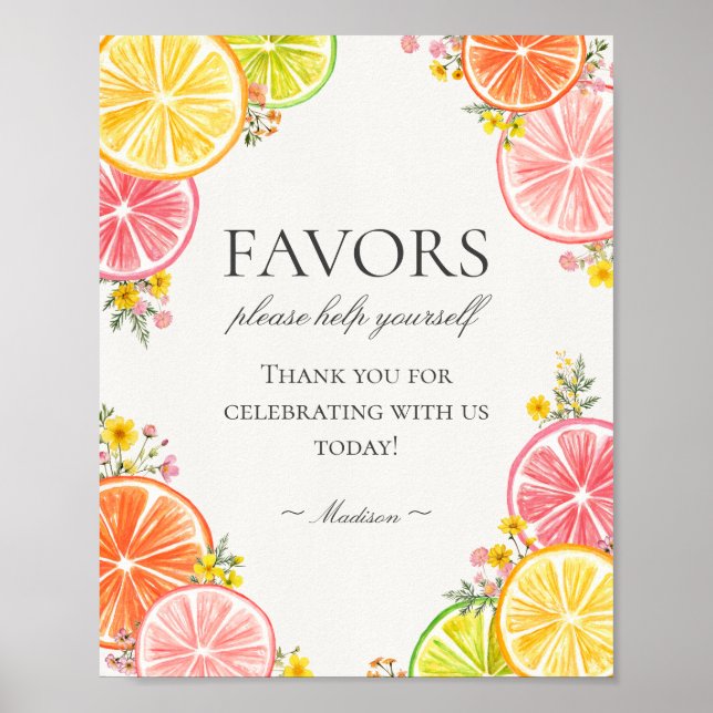 Citrus Blommigt Little Cutie Favors Sign Poster (Framsidan)