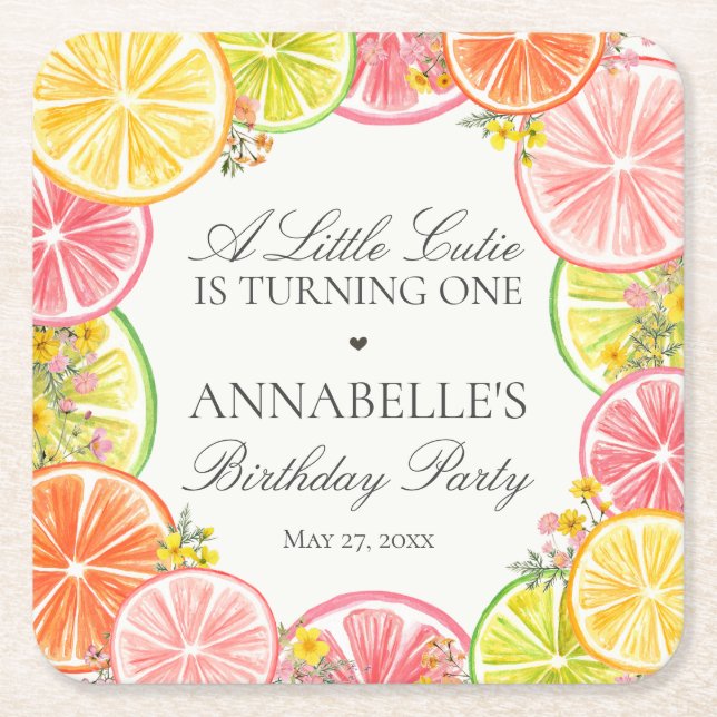 Citrus Blommigt Little Cutie Födelsedagsfest Bord Underlägg Papper Kvadrat (Framsidan)