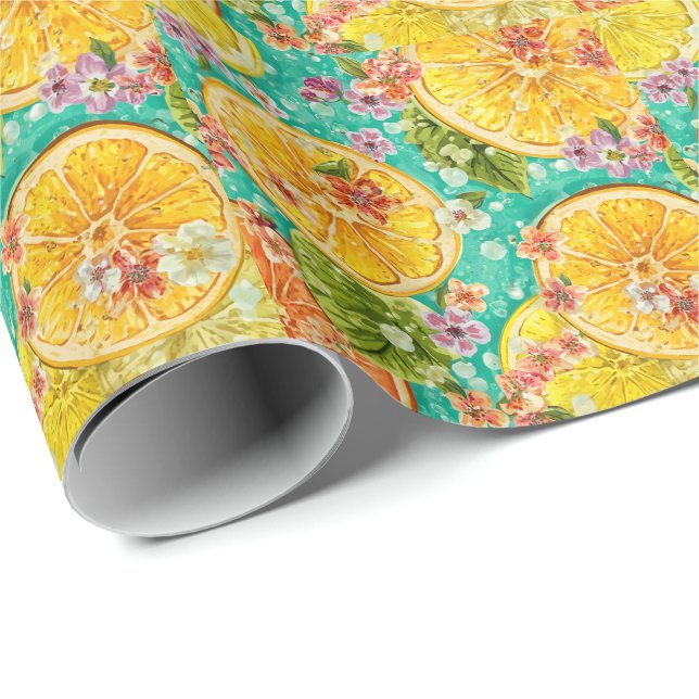 Citrus Bloom Citron & Vilda Blommor Akvarell  Presentpapper (Rullad Hörn)