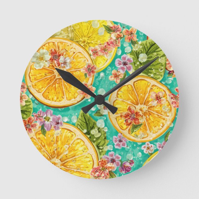 Citrus Bloom Citron & Vilda Blommor Akvarell  Rund Klocka (Framsida)