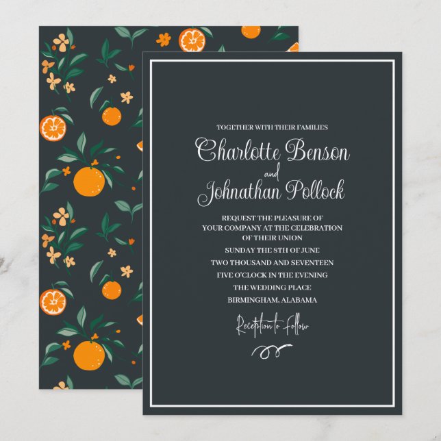 Citrus Bloom Oranges & Botanicals Bröllop Inbjudningar (Fram/baksida)