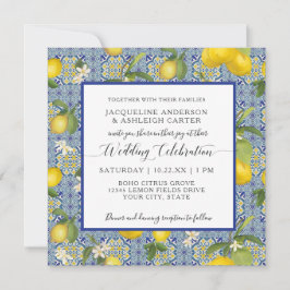 Citrus Blue and White Tile Bröllop i Lemon Blommig Inbjudningar