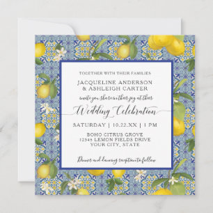 Citrus Blue and White Tile Bröllop i Lemon Blommig Inbjudningar