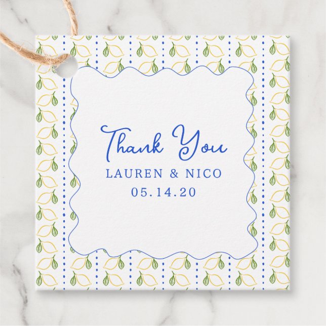 Citrus Blue & Gult Bröllop Tack Gåvor Etiketter (Framsida)