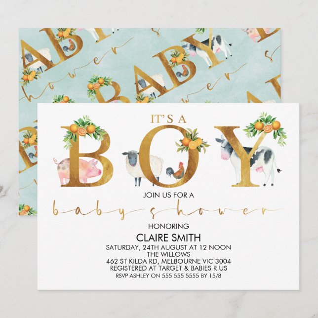 Citrus Boskap Ord Baby Shower-inbjudan Inbjudningar (Fram/baksida)