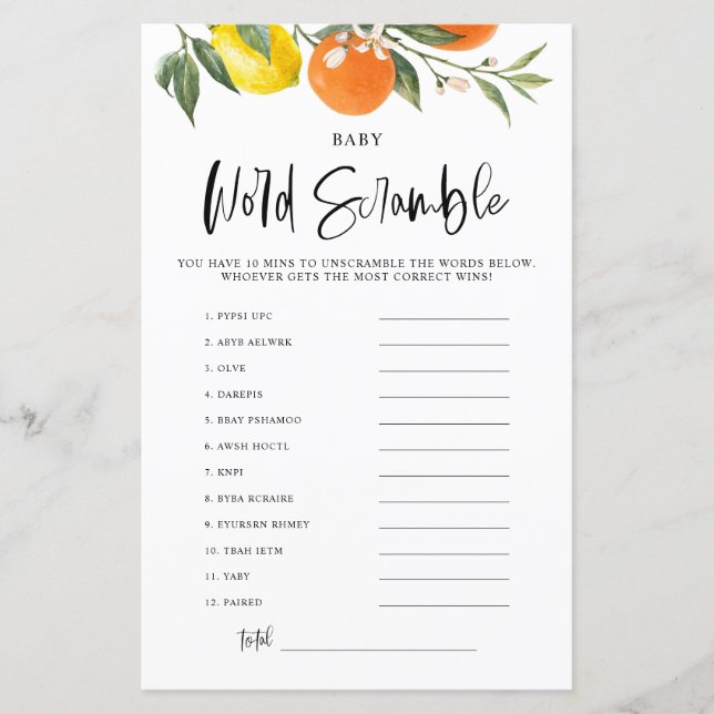 Citrus Botanical Baby Shower Ord Scramble Game (Framsida)