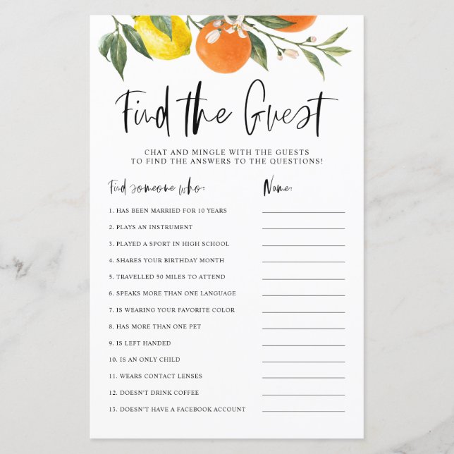 Citrus Botanical Find the Guest Shower Game Card (Framsida)