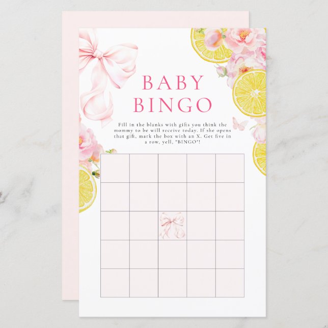Citrus Bow Girl Baby Shower Gift Bingo Game (Fram/baksida)