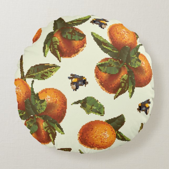 Citrus & Bumblebee: Vintage Sömlös Rund Kudde (Framsidan)