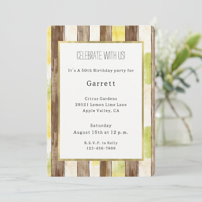 Citrus Citron Gul Lime Falskt Trä Ränder Födelseda Inbjudningar (Stående Fram)