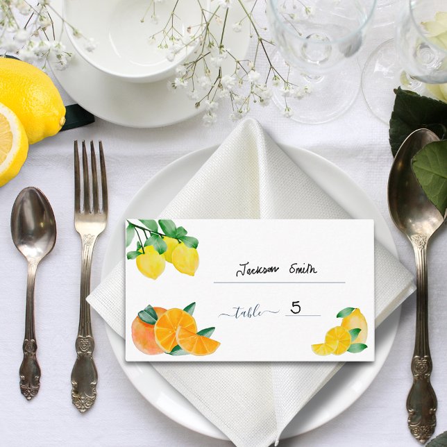 Citrus Citron och Apelsin Bröllops Bord Placerings Visitkort (Lemons and oranges citrus wedding budget place name cards)
