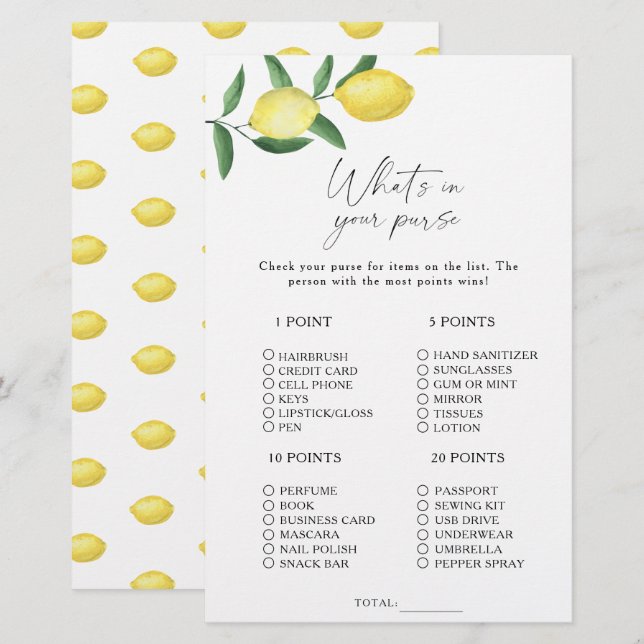 Citrus citron - Vad finns i din handväska spel (Fram/baksida)