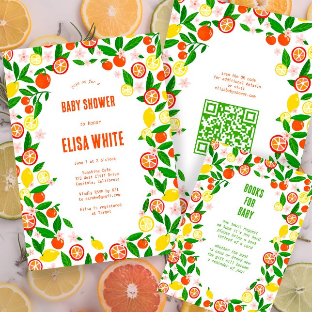 Citrus Firande ANPASSNINGSBAR BABY SHOWER BOKAR 4  Tilläggskort (Citrus Celebration CUSTOM BABY SHOWER BOOKS for BABY Enclosure Card Fruits Oranges Lemons Summer
)