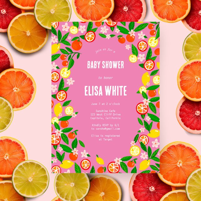 Citrus Firande ANPASSNINGSBAR fold Summer BABY SHO Inbjudningar (Citrus Celebration CUSTOM Bold Summer BABY SHOWER Invitation Pink)