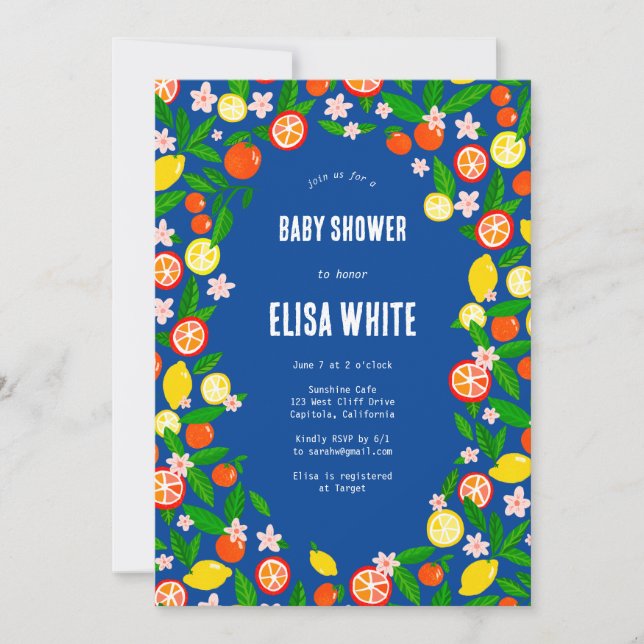 Citrus Firande ANPASSNINGSBAR QR Code BABY SHOWER Inbjudningar (Framsida)